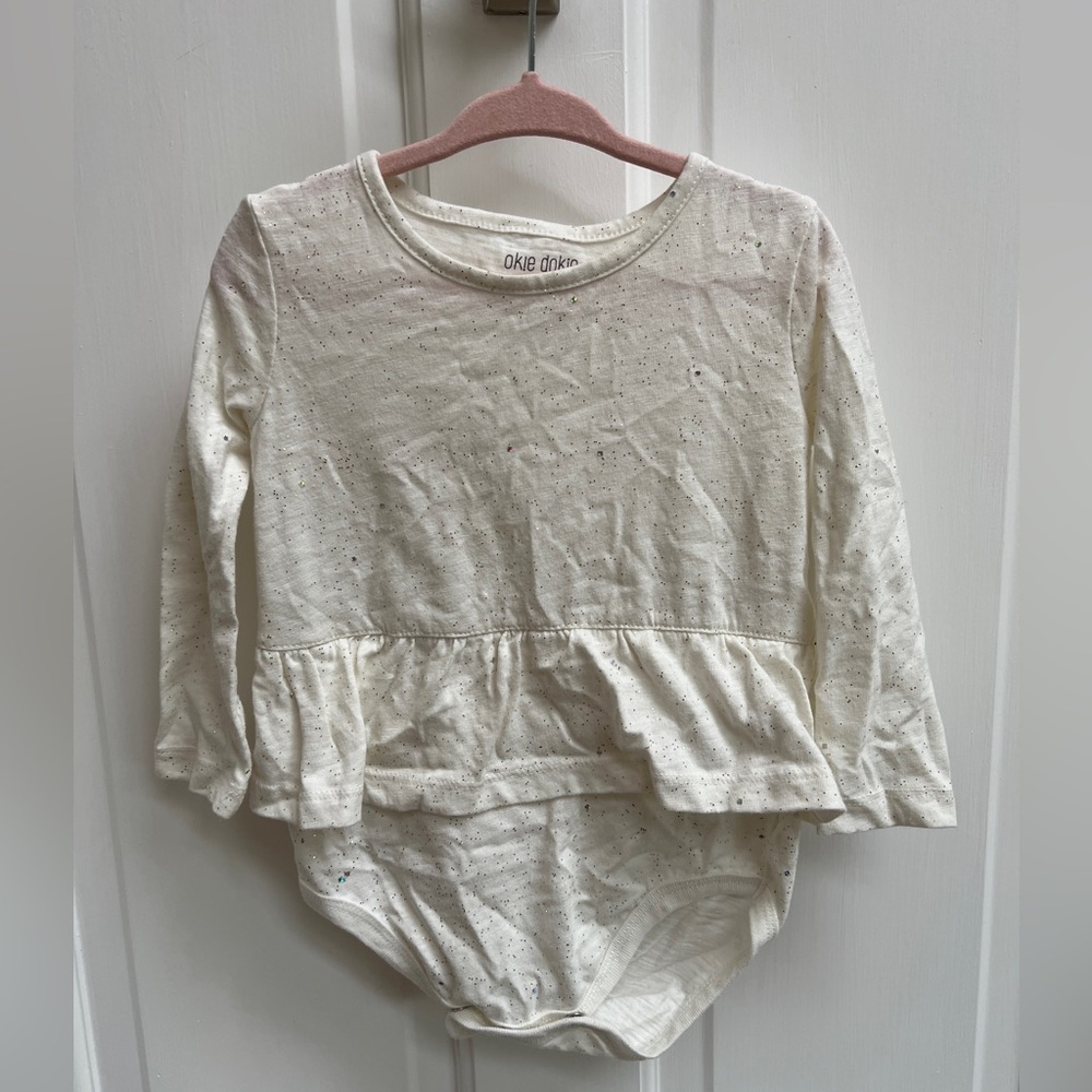 Okie Dokie 24M White with Gold Sparkles Long Sleeve Girls Bodysuit Onesie